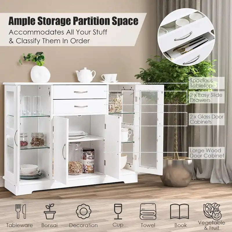 Costway Buffet Armoire de Rangement Console Meuble Bas avec Porte en Verre et Tiroirs