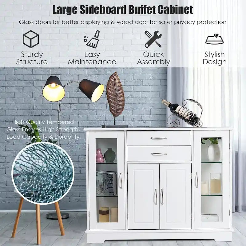 Costway Buffet Armoire de Rangement Console Meuble Bas avec Porte en Verre et Tiroirs