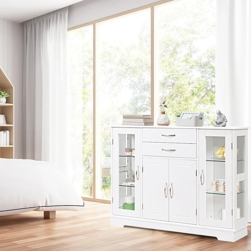 Costway Buffet Armoire de Rangement Console Meuble Bas avec Porte en Verre et Tiroirs
