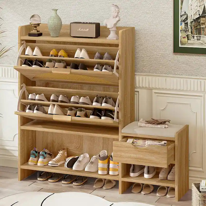 Meuble à chaussures en rotin de 120 cm avec 2 tiroirs basculants, meuble à chaussures étroit avec 1 tiroir de rangement et banc pour l'entrée
