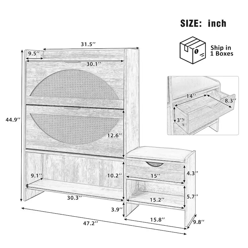 Meuble à chaussures en rotin de 120 cm avec 2 tiroirs basculants, meuble à chaussures étroit avec 1 tiroir de rangement et banc pour l'entrée