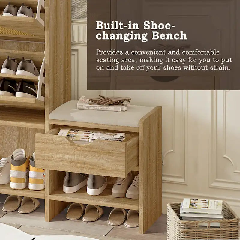 Meuble à chaussures en rotin de 120 cm avec 2 tiroirs basculants, meuble à chaussures étroit avec 1 tiroir de rangement et banc pour l'entrée