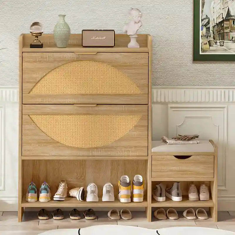 Meuble à chaussures en rotin de 120 cm avec 2 tiroirs basculants, meuble à chaussures étroit avec 1 tiroir de rangement et banc pour l'entrée