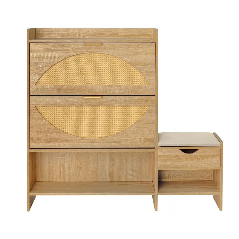 Meuble à chaussures en rotin de 120 cm avec 2 tiroirs basculants, meuble à chaussures étroit avec 1 tiroir de rangement et banc pour l'entrée