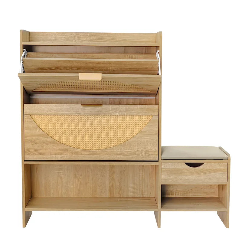 Meuble à chaussures en rotin de 120 cm avec 2 tiroirs basculants, meuble à chaussures étroit avec 1 tiroir de rangement et banc pour l'entrée