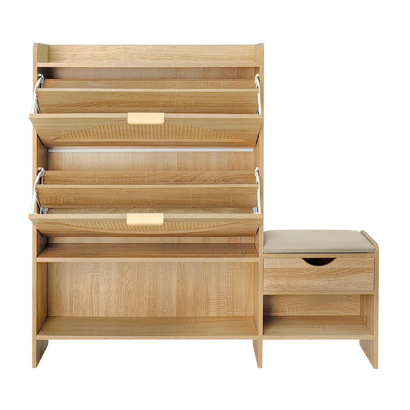 Meuble à chaussures en rotin de 120 cm avec 2 tiroirs basculants, meuble à chaussures étroit avec 1 tiroir de rangement et banc pour l'entrée