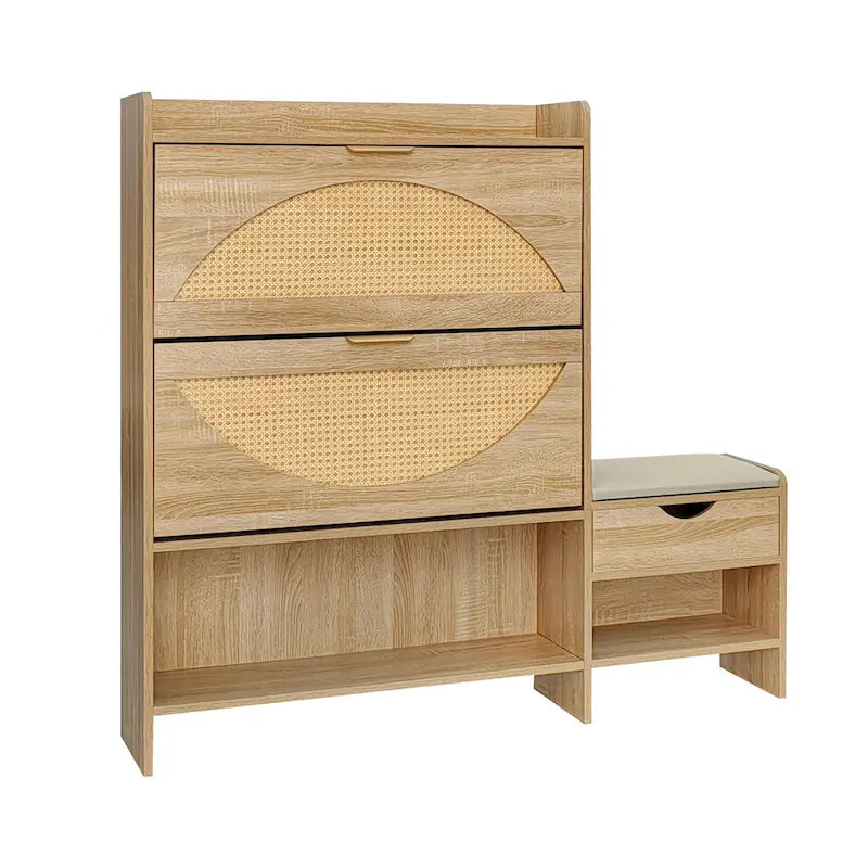 Meuble à chaussures en rotin de 120 cm avec 2 tiroirs basculants, meuble à chaussures étroit avec 1 tiroir de rangement et banc pour l'entrée