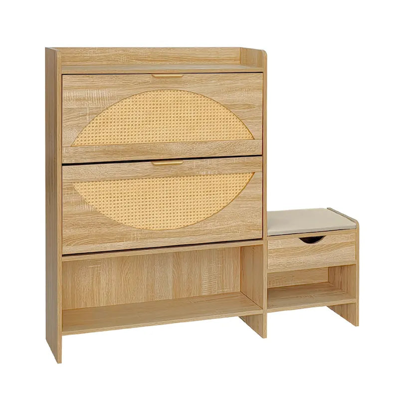 Meuble à chaussures en rotin de 120 cm avec 2 tiroirs basculants, meuble à chaussures étroit avec 1 tiroir de rangement et banc pour l'entrée