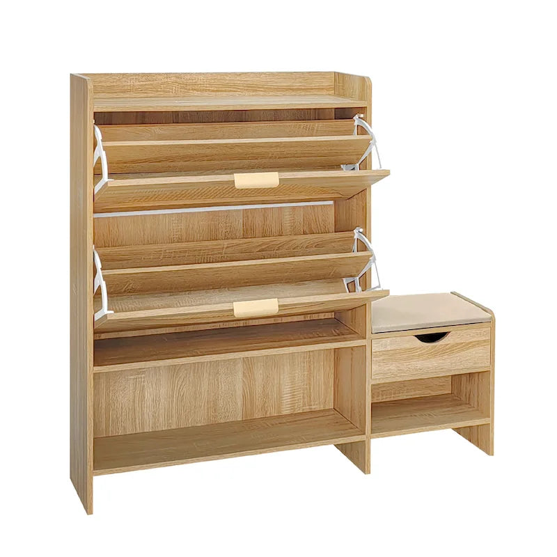 Meuble à chaussures en rotin de 120 cm avec 2 tiroirs basculants, meuble à chaussures étroit avec 1 tiroir de rangement et banc pour l'entrée