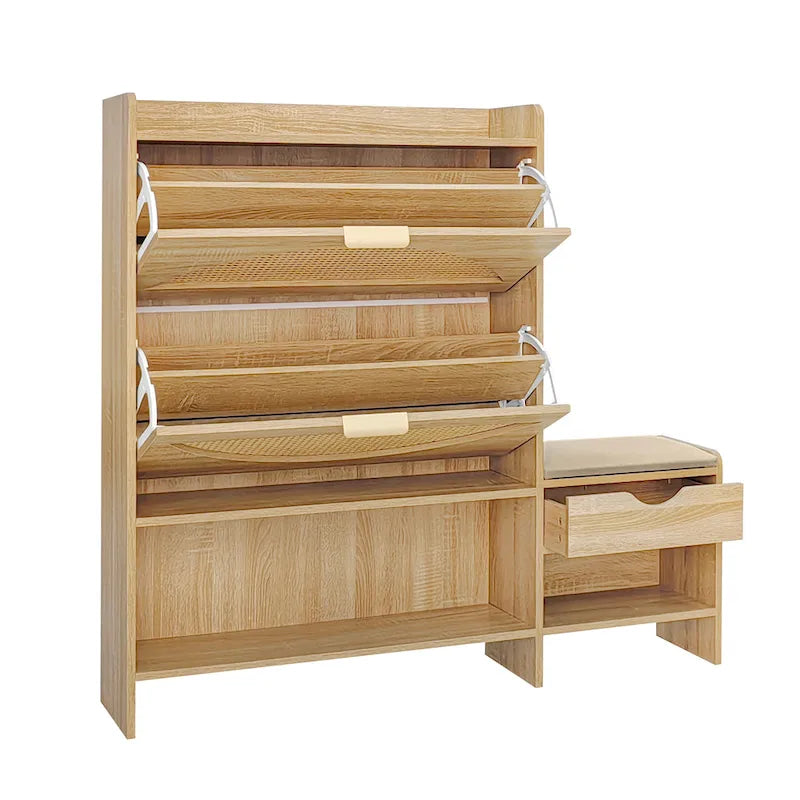 Meuble à chaussures en rotin de 120 cm avec 2 tiroirs basculants, meuble à chaussures étroit avec 1 tiroir de rangement et banc pour l'entrée