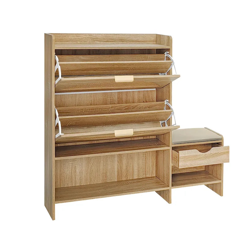 Meuble à chaussures en rotin de 120 cm avec 2 tiroirs basculants, meuble à chaussures étroit avec 1 tiroir de rangement et banc pour l'entrée