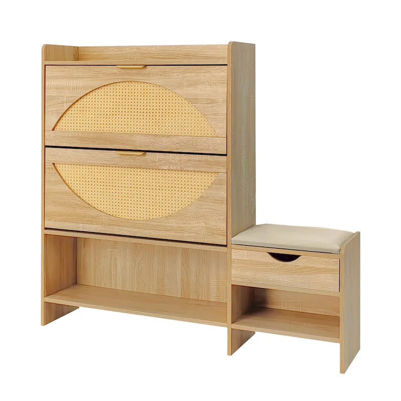 Meuble à chaussures en rotin de 120 cm avec 2 tiroirs basculants, meuble à chaussures étroit avec 1 tiroir de rangement et banc pour l'entrée