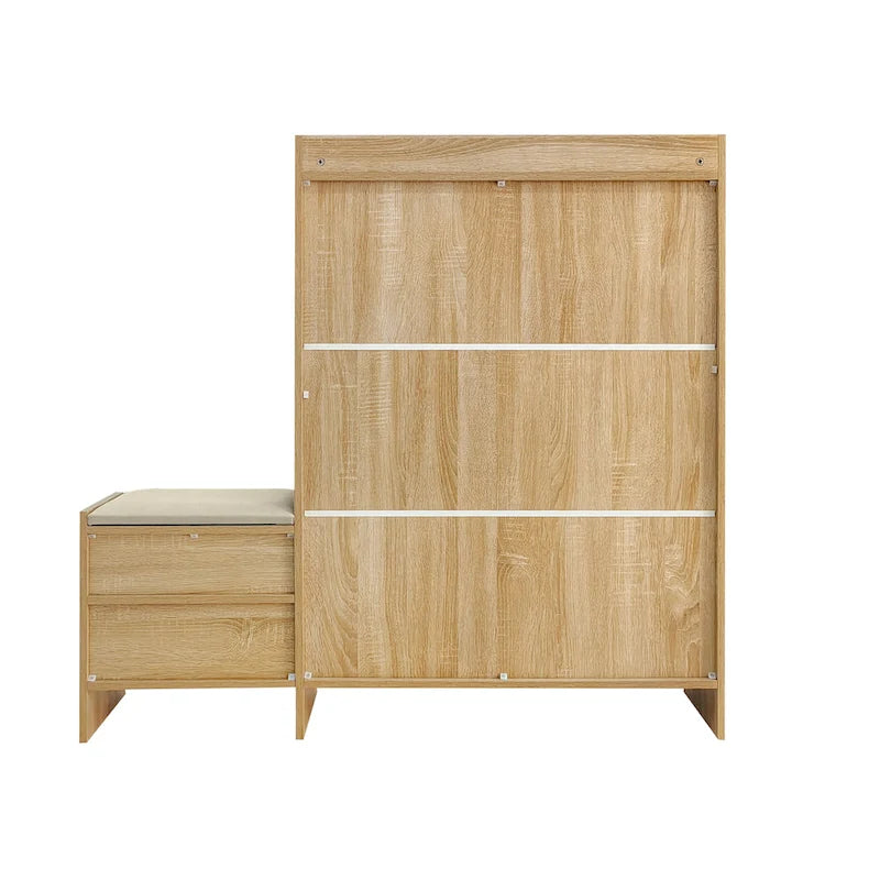 Meuble à chaussures en rotin de 120 cm avec 2 tiroirs basculants, meuble à chaussures étroit avec 1 tiroir de rangement et banc pour l'entrée
