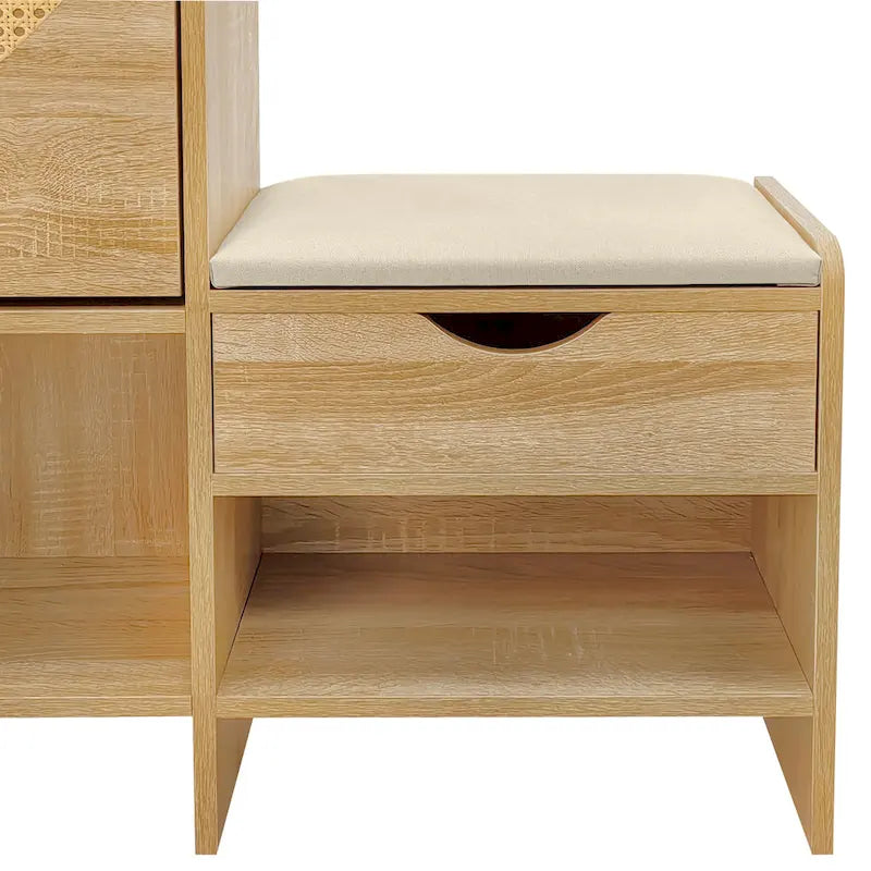 Meuble à chaussures en rotin de 120 cm avec 2 tiroirs basculants, meuble à chaussures étroit avec 1 tiroir de rangement et banc pour l'entrée