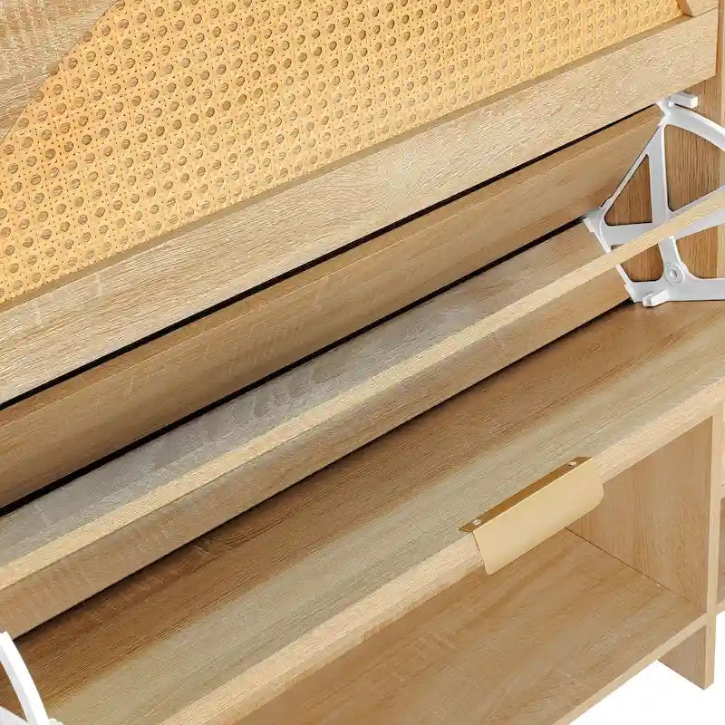 Meuble à chaussures en rotin de 120 cm avec 2 tiroirs basculants, meuble à chaussures étroit avec 1 tiroir de rangement et banc pour l'entrée