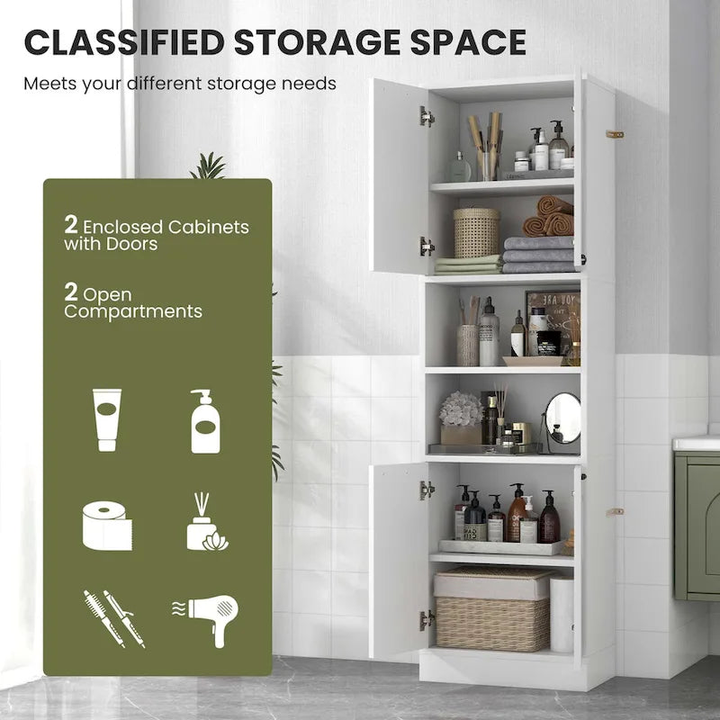 Meuble Colonne de Rangement WC Costway H 190 cm avec 4 Portes et 2 Compartiments Ouverts - Voir Détails