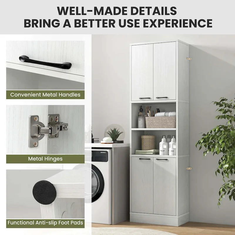 Meuble Colonne de Rangement WC Costway H 190 cm avec 4 Portes et 2 Compartiments Ouverts - Voir Détails