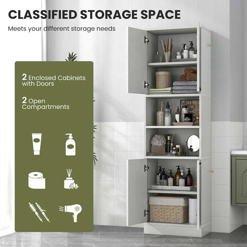 Meuble Colonne de Rangement WC Costway H 190 cm avec 4 Portes et 2 Compartiments Ouverts - Voir Détails