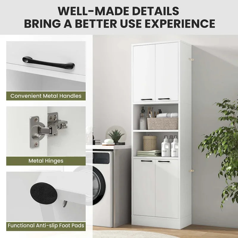Meuble Colonne de Rangement WC Costway H 190 cm avec 4 Portes et 2 Compartiments Ouverts - Voir Détails