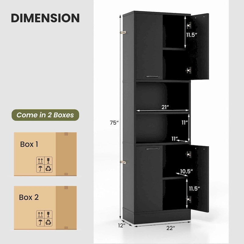 Meuble Colonne de Rangement WC Costway H 190 cm avec 4 Portes et 2 Compartiments Ouverts - Voir Détails
