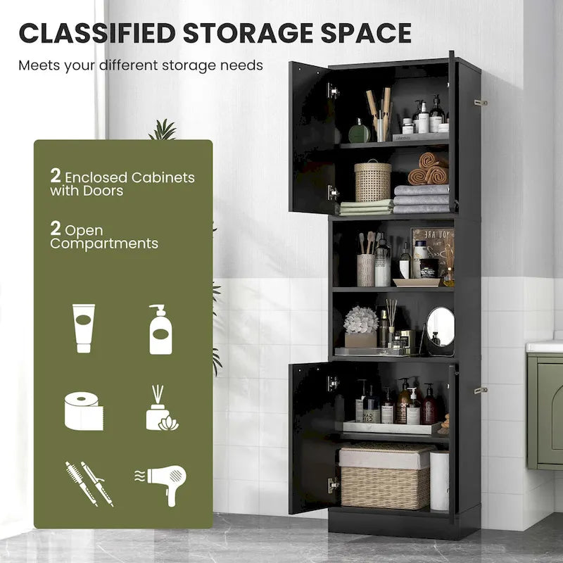 Meuble Colonne de Rangement WC Costway H 190 cm avec 4 Portes et 2 Compartiments Ouverts - Voir Détails