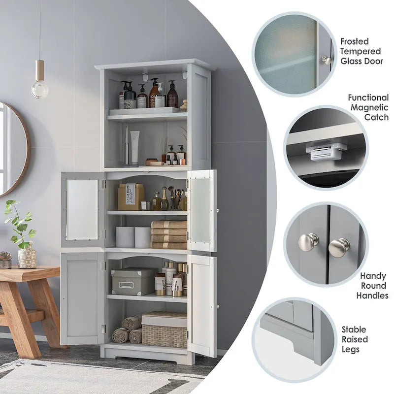 Meuble haut de salle de bain Gymax avec tour de rangement en lin avec porte vitrée et