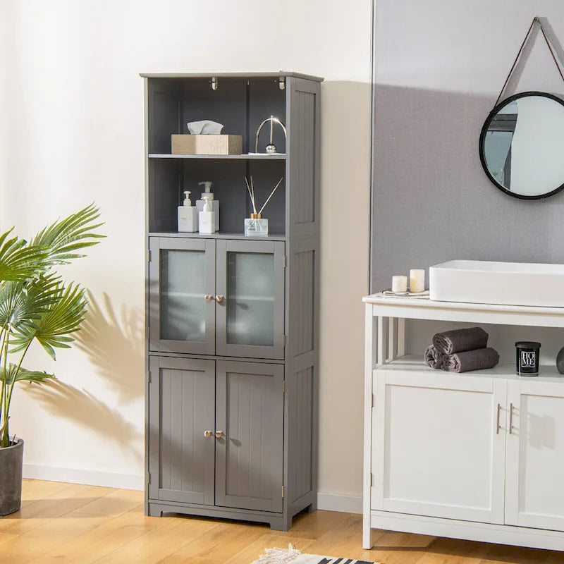 Meuble haut de salle de bain Gymax avec tour de rangement en lin avec porte vitrée et