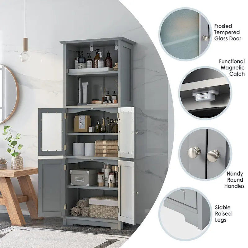 Meuble haut de salle de bain Gymax avec tour de rangement en lin avec porte vitrée et