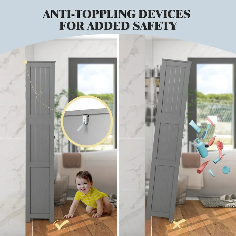 Meuble haut de salle de bain Gymax avec tour de rangement en lin avec porte vitrée et