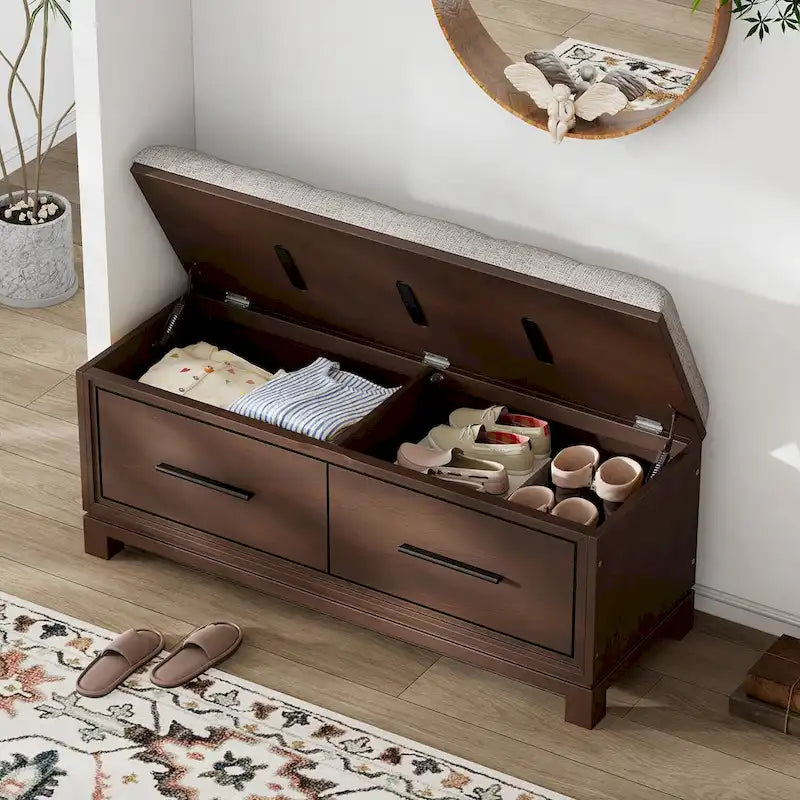 Banc à chaussures avec coussin amovible, banc d'entrée avec rangement dissimulé