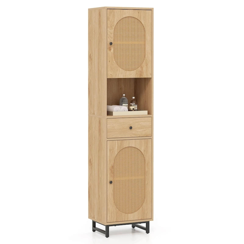 Costway Armoire de salle de bain haute de 67 po avec 2 portes et compartiment ouvert - Voir les détails