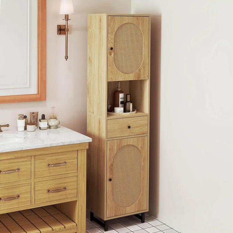 Costway Armoire de salle de bain haute de 67 po avec 2 portes et compartiment ouvert - Voir les détails