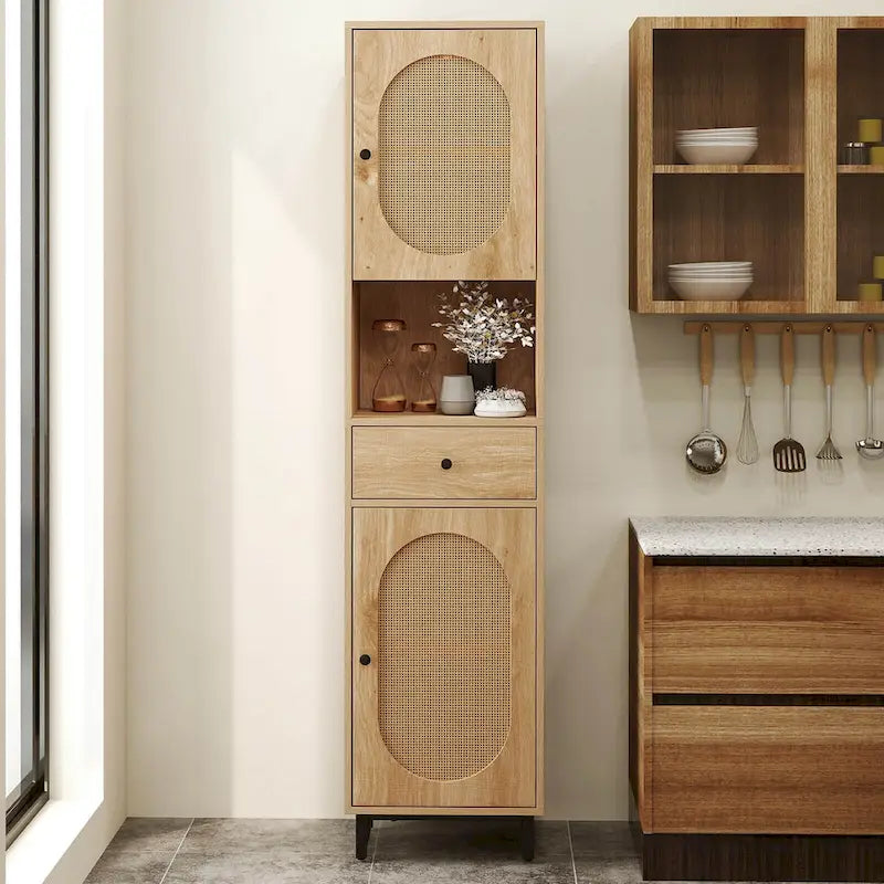 Costway Armoire de salle de bain haute de 67 po avec 2 portes et compartiment ouvert - Voir les détails