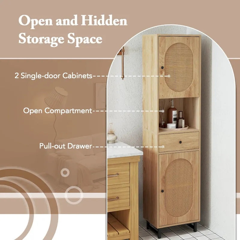 Costway Armoire de salle de bain haute de 67 po avec 2 portes et compartiment ouvert - Voir les détails
