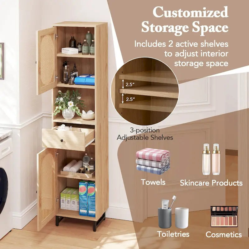 Costway Armoire de salle de bain haute de 67 po avec 2 portes et compartiment ouvert - Voir les détails