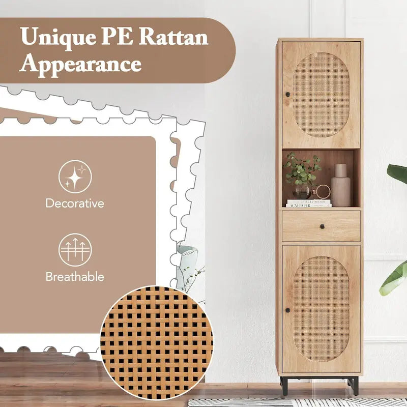 Costway Armoire de salle de bain haute de 67 po avec 2 portes et compartiment ouvert - Voir les détails