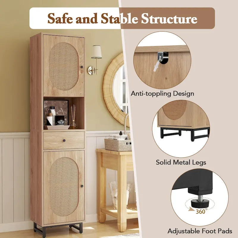 Costway Armoire de salle de bain haute de 67 po avec 2 portes et compartiment ouvert - Voir les détails