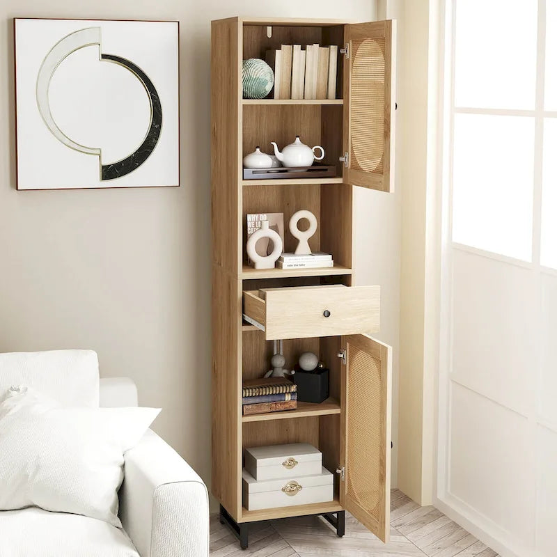 Costway Armoire de salle de bain haute de 67 po avec 2 portes et compartiment ouvert - Voir les détails