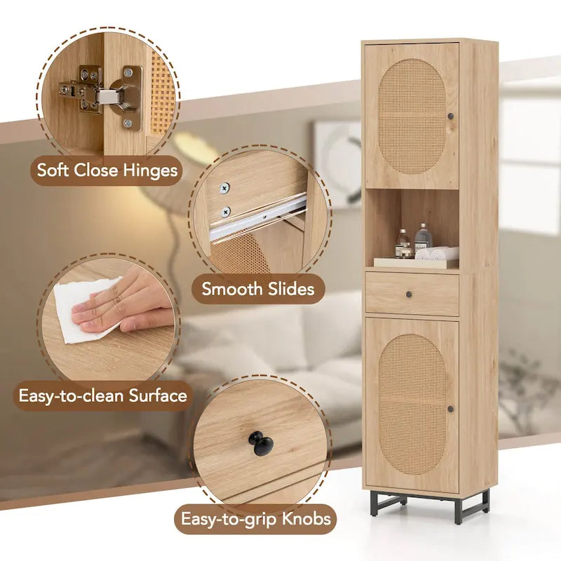 Costway Armoire de salle de bain haute de 67 po avec 2 portes et compartiment ouvert - Voir les détails