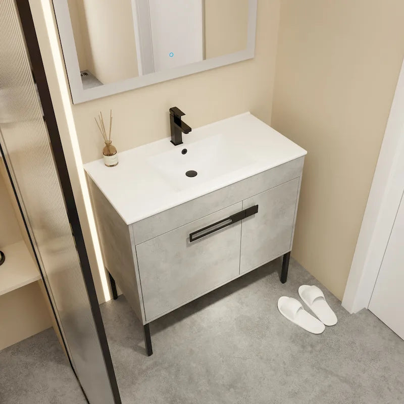 Meuble-lavabo de salle de bain 24 pouces/30 pouces/36 pouces avec évier autoportant/mural, ensemble d'évier en céramique avec étagère réglable