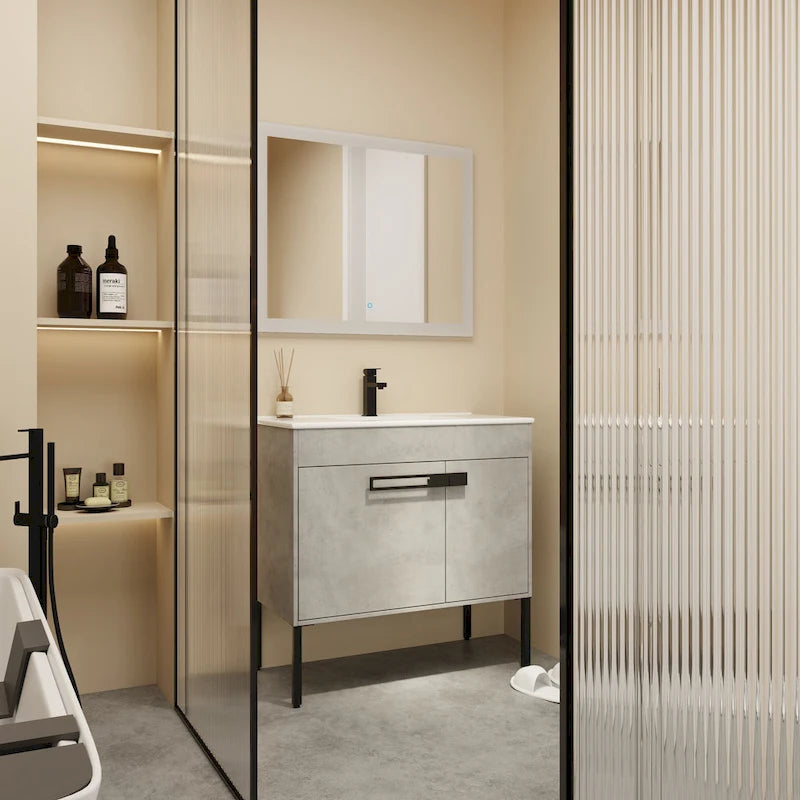Meuble-lavabo de salle de bain 24 pouces/30 pouces/36 pouces avec évier autoportant/mural, ensemble d'évier en céramique avec étagère réglable