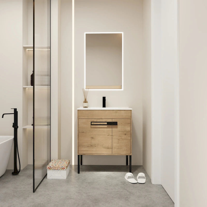 Meuble-lavabo de salle de bain 24 pouces/30 pouces/36 pouces avec évier autoportant/mural, ensemble d'évier en céramique avec étagère réglable