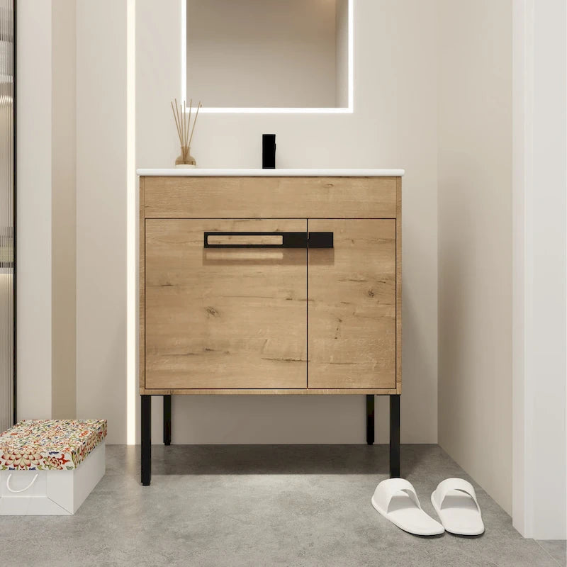 Meuble-lavabo de salle de bain 24 pouces/30 pouces/36 pouces avec évier autoportant/mural, ensemble d'évier en céramique avec étagère réglable