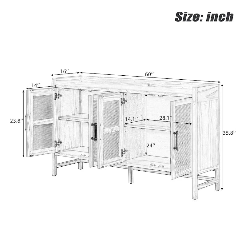 Bahut de style rustique avec portes décoratives en rotin