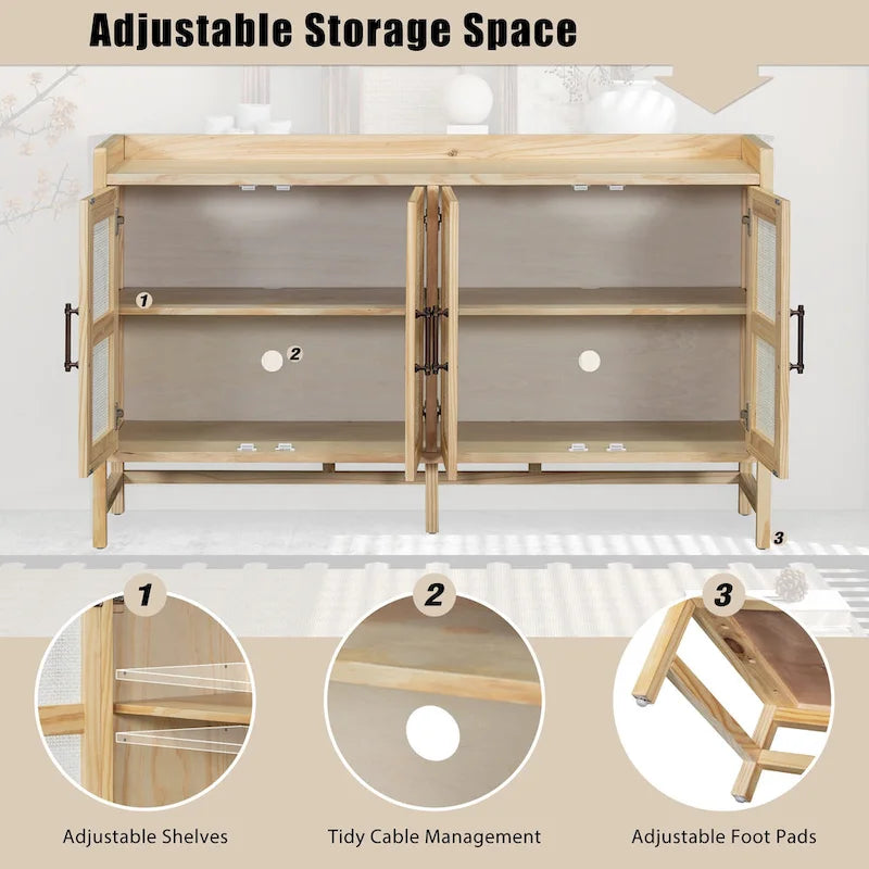 Bahut de style rustique avec portes décoratives en rotin