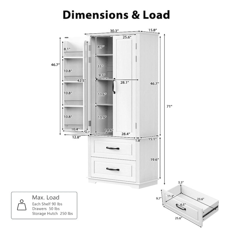 Meuble de rangement haut de cuisine de 180,34 cm, placard de rangement autonome avec 2 tiroirs, armoire de cuisine