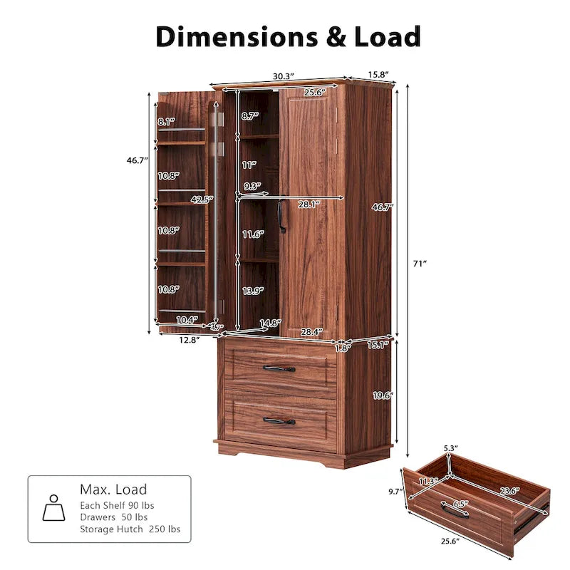 Meuble de rangement haut de cuisine de 180,34 cm, placard de rangement autonome avec 2 tiroirs, armoire de cuisine