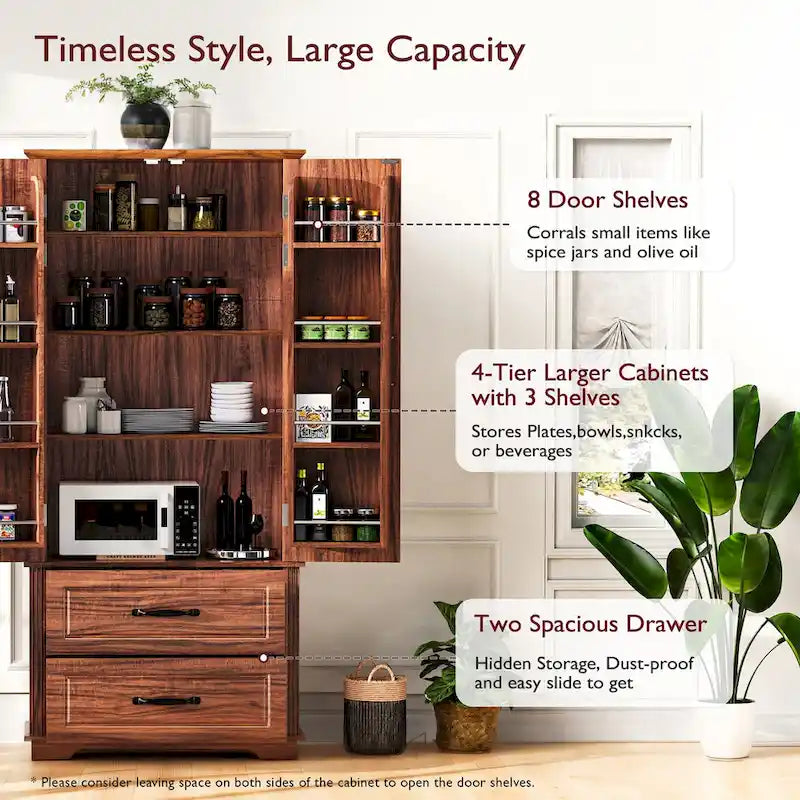 Meuble de rangement haut de cuisine de 180,34 cm, placard de rangement autonome avec 2 tiroirs, armoire de cuisine