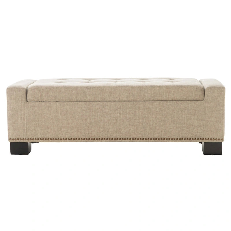 Banc de rangement ottoman Abigail, garniture cloutée, tissu blé, 130 cm
