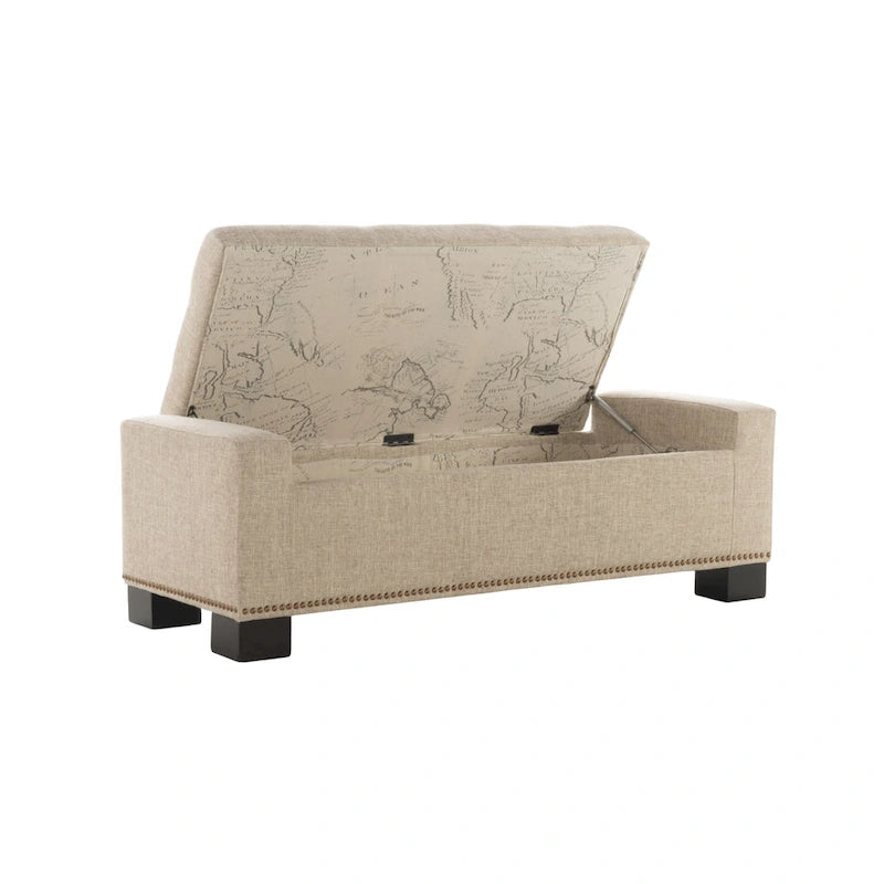 Banc de rangement ottoman Abigail, garniture cloutée, tissu blé, 130 cm